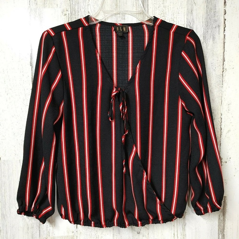 OLM Size Small Wrap Shirt 3/4 Sleeves Elastic Waist Black Red Striped V-Neck
